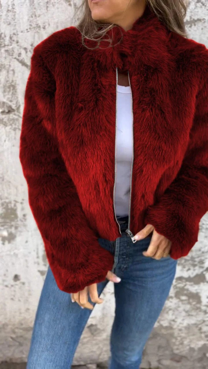 Faux Fur Stand Collar Jacket for Women, Zip-Up Fleece Coat
