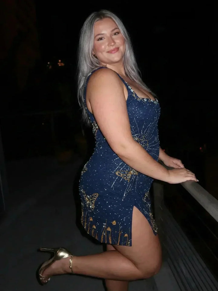 Eira  Midnight Blue Beaded Mini Dress
