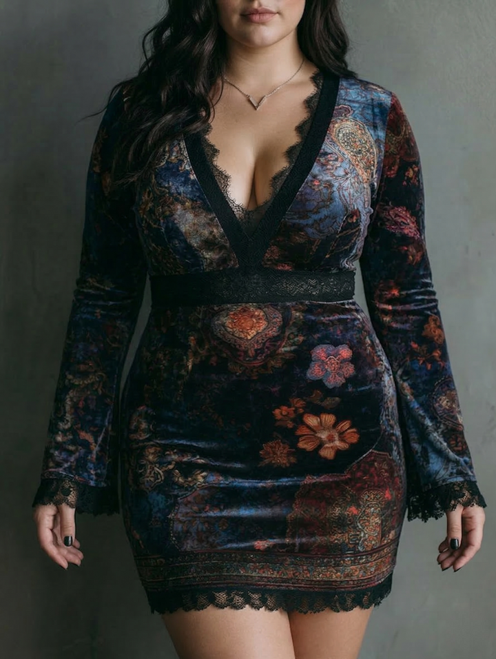 Floral Print V-Neck Velvet Lace Trim Slim-Fit Mini Dress