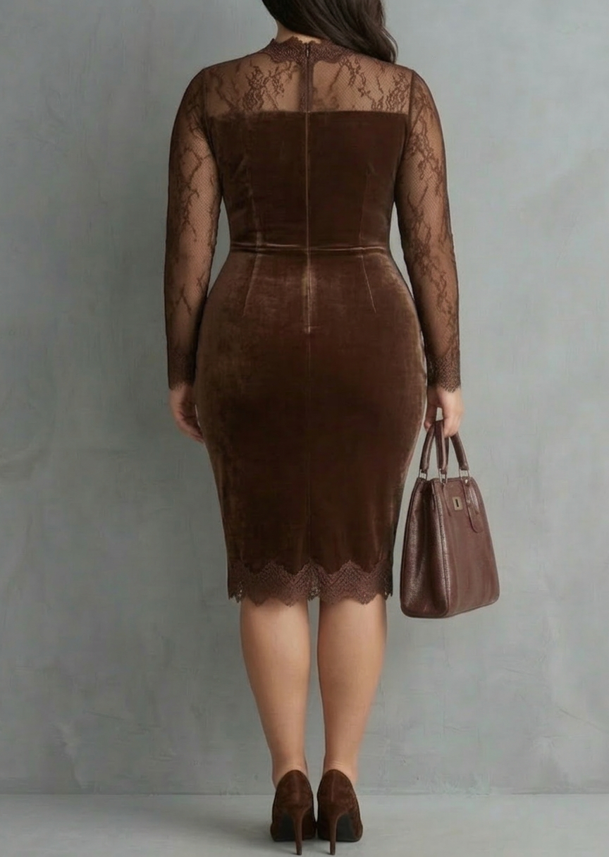 Brown Vintage Keyhole Neckline Lace Sleeve Velvet Mini Dress