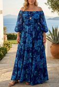 Aisha - Long dress with floral print and off-the-shoulder sleeves
