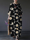 Rosa | Casual Black Flory Print Loose Round Neck Medium Length Dress